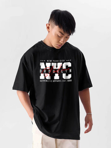Oversized Drop Shoulder Black T-Shirt – New York City Cotton Terry Streetwear Tee for Men