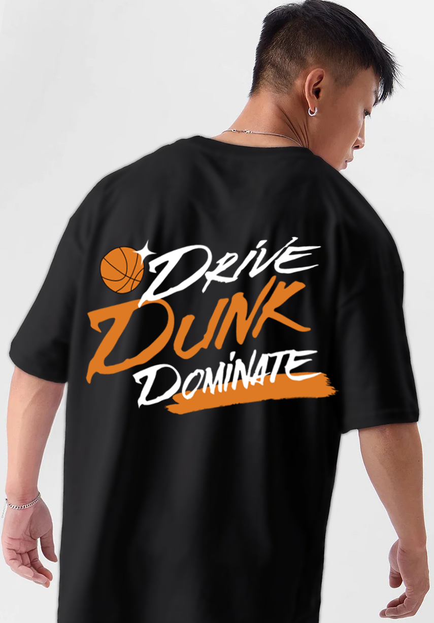 Oversized Drop Shoulder Black T-Shirt – Drive Dunk Dominate Cotton Terry Streetwear Tee for Men