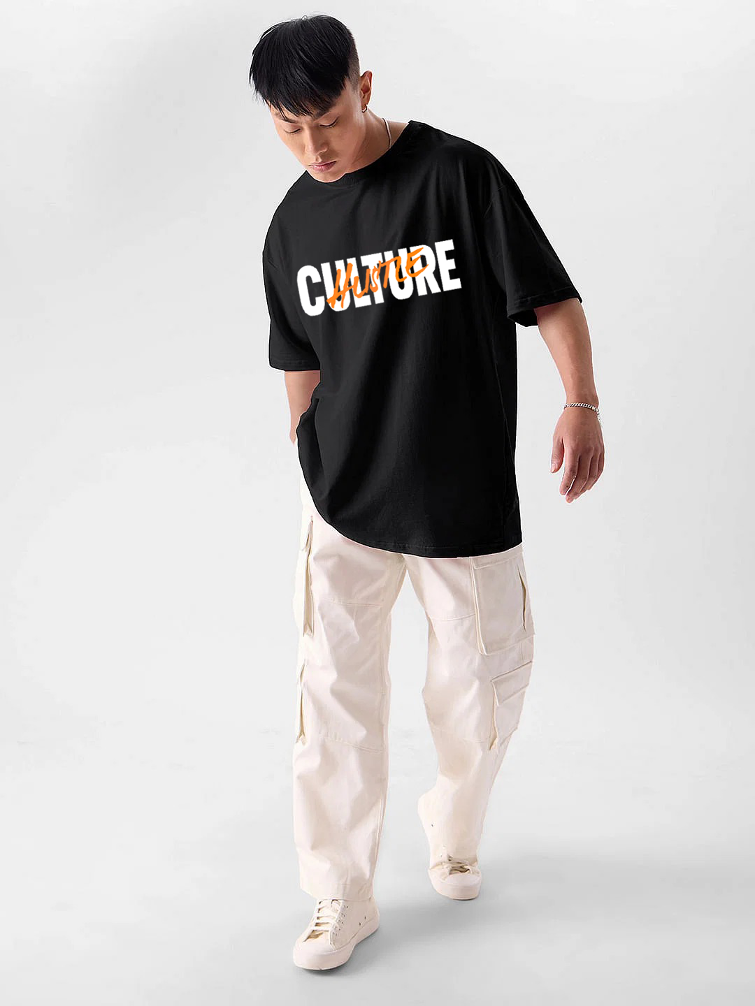 Oversized Drop Shoulder Black T-Shirt – Hustle Culture Cotton Terry Streetwear Tee for Men