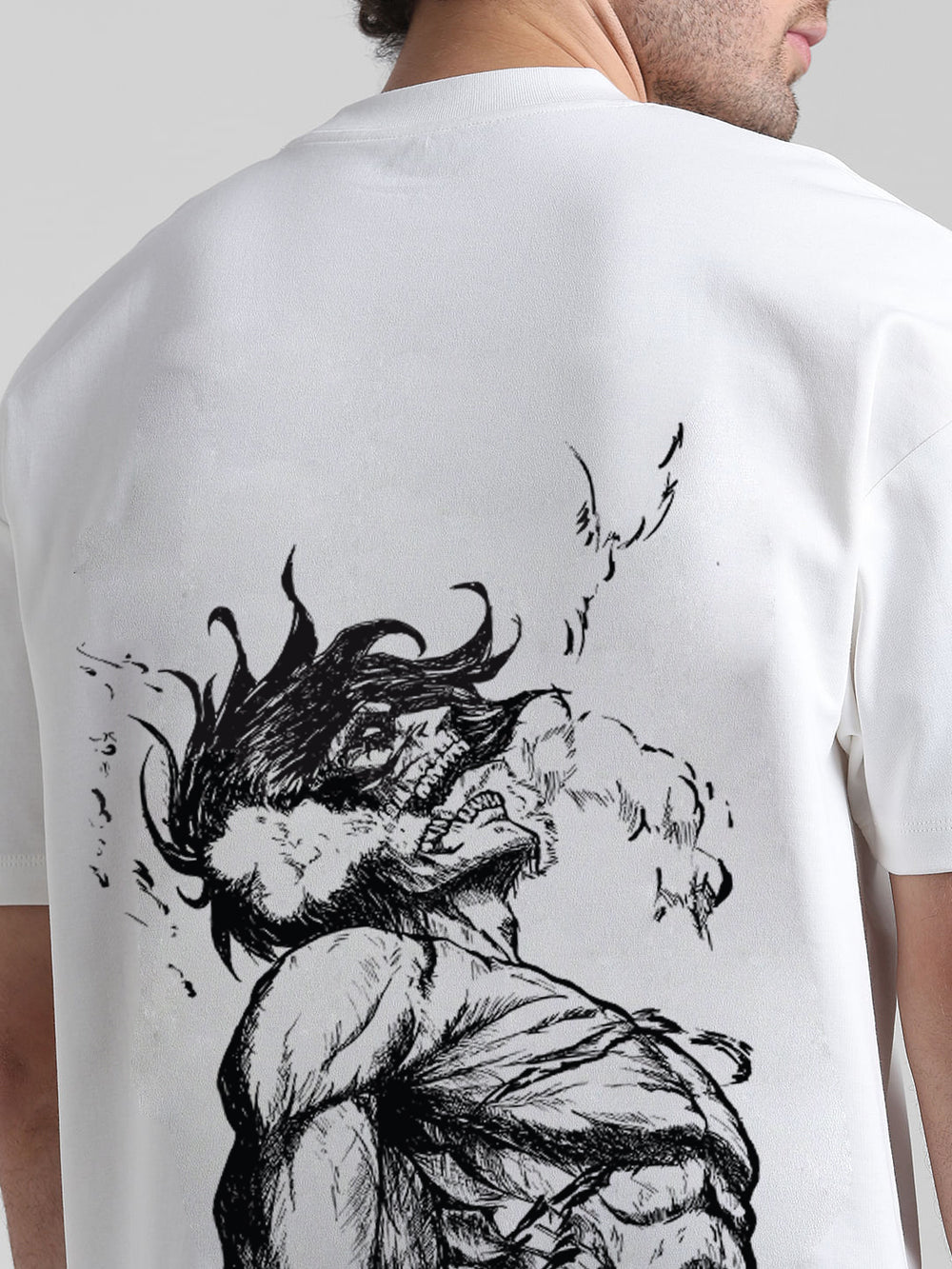 T-Hustler Eren Yeager Back Printed Oversized Cotton Terry T-Shirt – Half Sleeve Round Neck (Attack on Titan)