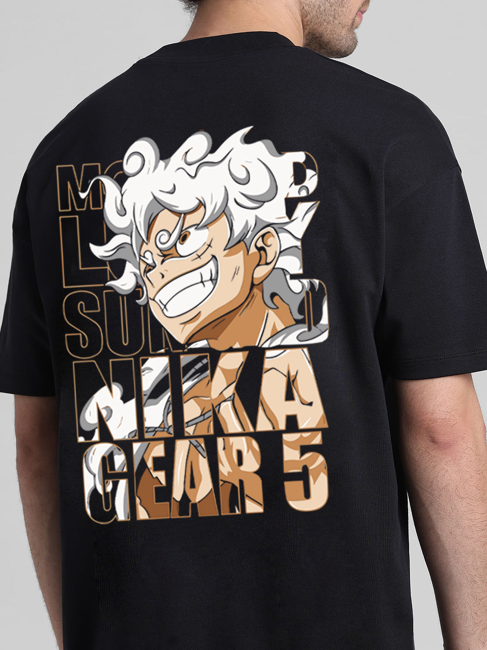 T-Hustler Luffy Gear 5 Back Printed Oversized Cotton Terry T-Shirt – Half Sleeve Round Neck (One Piece Inspired)