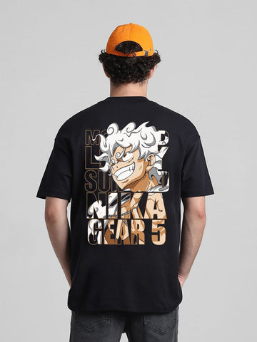 T-Hustler Luffy Gear 5 Back Printed Oversized Cotton Terry T-Shirt – Half Sleeve Round Neck (One Piece Inspired)