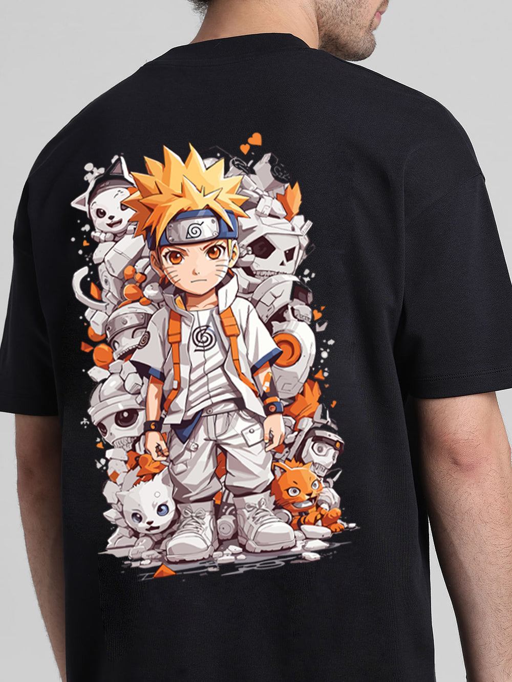 T-Hustler Naruto Back Printed Oversized Cotton Terry T-Shirt – Half Sleeve Round Neck (Anime Streetwear)