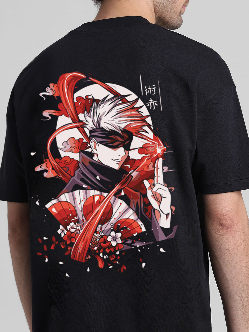 T-Hustler Gojo Red Moon Back Printed Oversized Cotton Terry T-Shirt – Half Sleeve Round Neck (Jujutsu Kaisen)