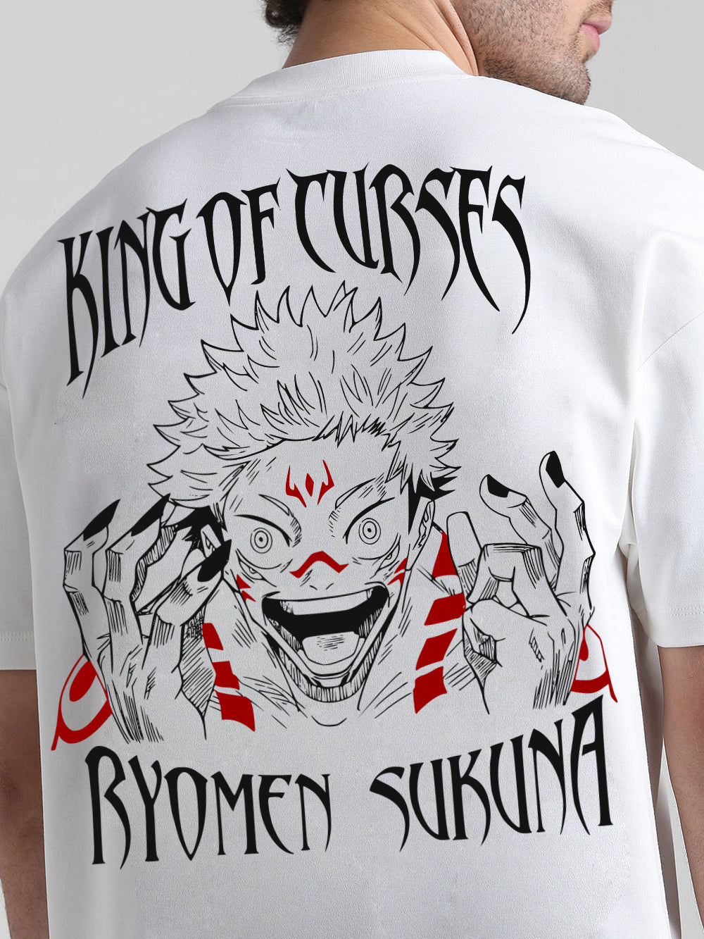 T-Hustler Ryomen Sukuna Back Printed Oversized Cotton Terry T-Shirt – Half Sleeve Round Neck (Jujutsu Kaisen)