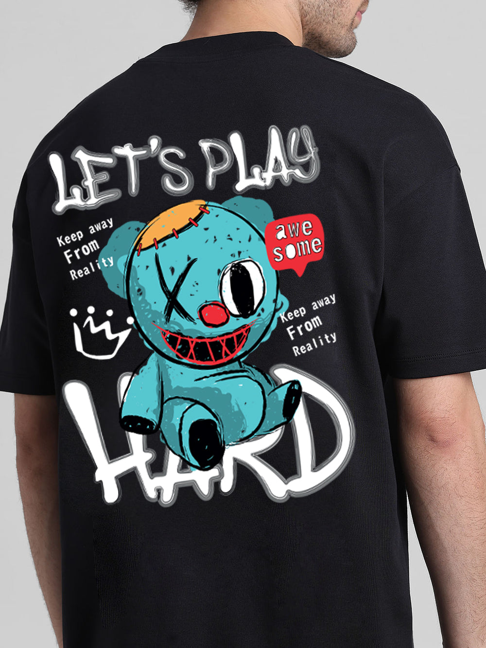 T-Hustler Let’s Play Hard Back Printed Oversized Cotton Terry T-Shirt – Half Sleeve Round Neck