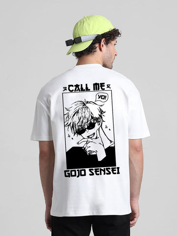 T-Hustler "Call Me Gojo" Back Printed Oversized Cotton Terry T-Shirt – Half Sleeve Round Neck