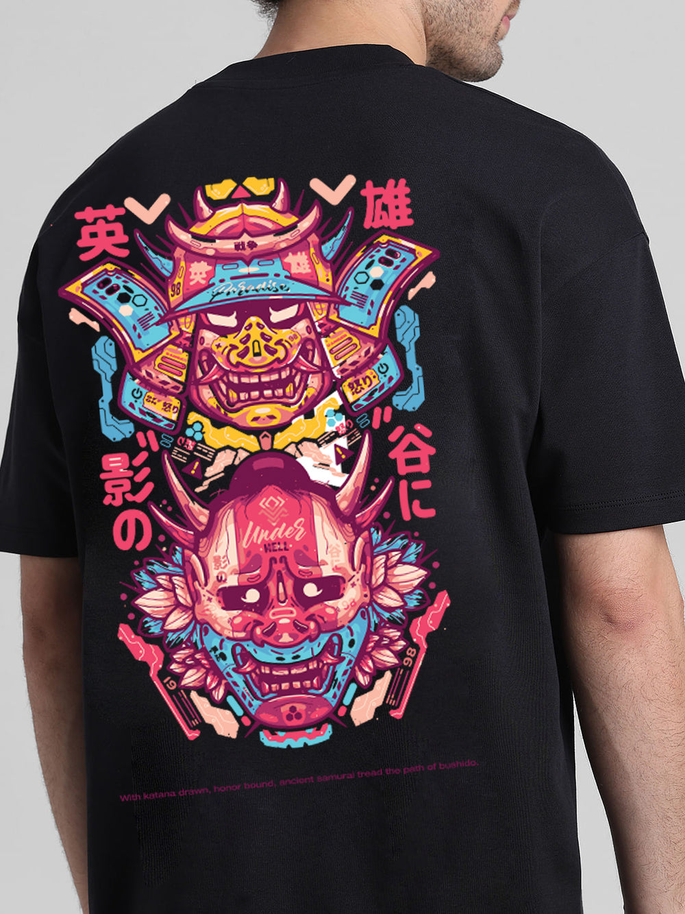 T-Hustler Samurai Face Back Printed Oversized Cotton Terry T-Shirt – Half Sleeve Round Neck