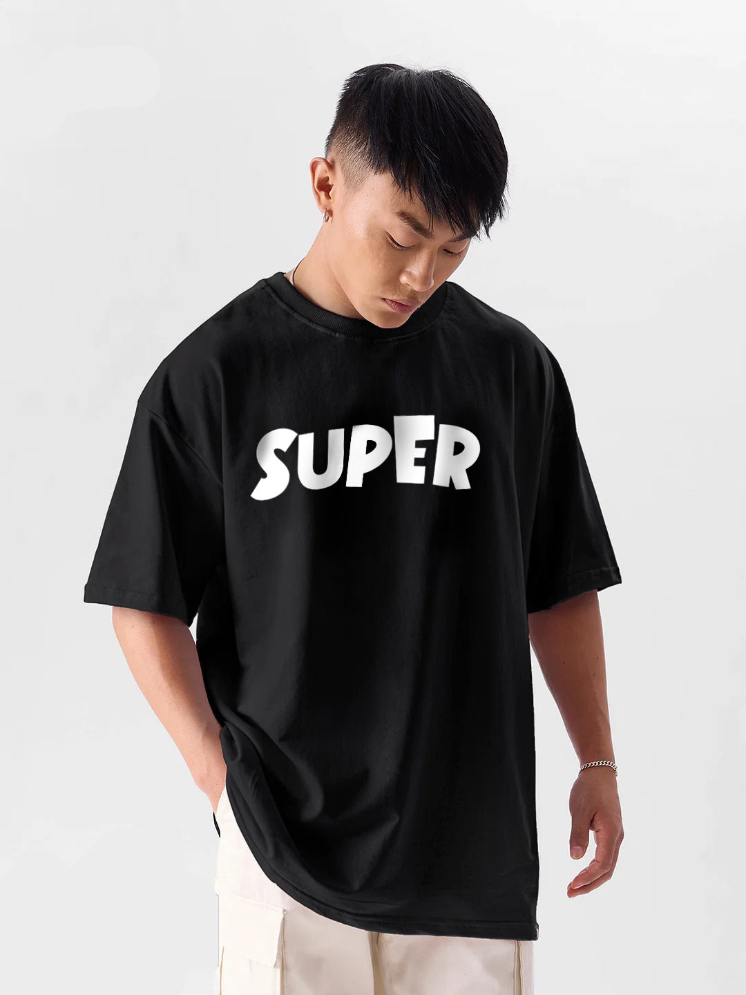 Oversized Drop Shoulder Black T-Shirt – Super Cotton Terry Streetwear Tee for Men