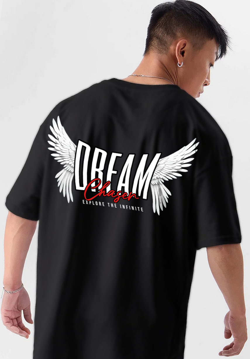 Oversized Drop Shoulder Black T-Shirt – Dream Chaser Cotton Terry Streetwear Tee for Men