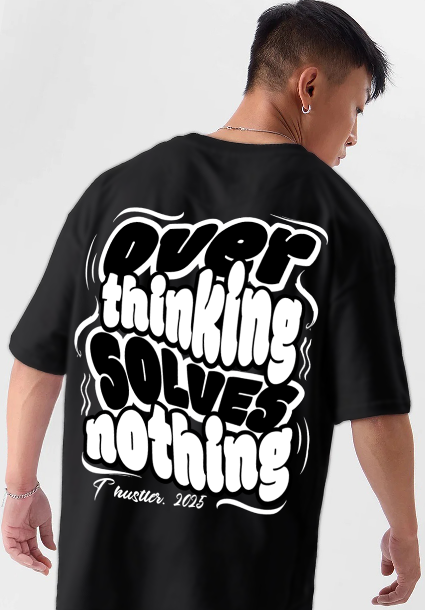 Oversized Drop Shoulder Black T-Shirt – Over Thinking Solves Nothing Cotton Terry Streetwear Tee for Men