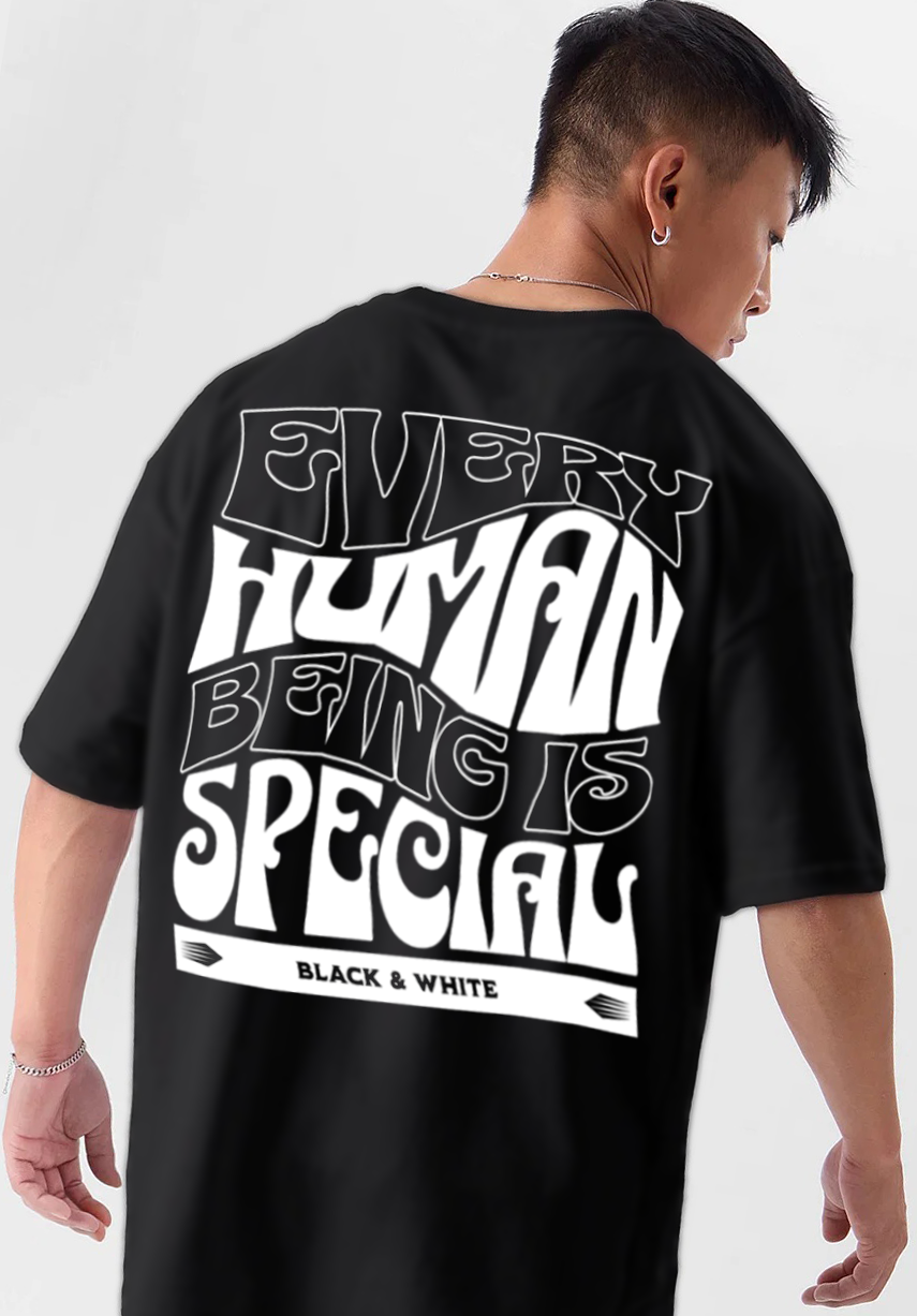 Oversized Drop Shoulder Black T-Shirt – Every Human Being is Special Cotton Terry Streetwear Tee for Men