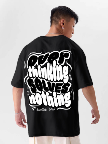 Oversized Drop Shoulder Black T-Shirt – Over Thinking Solves Nothing Cotton Terry Streetwear Tee for Men