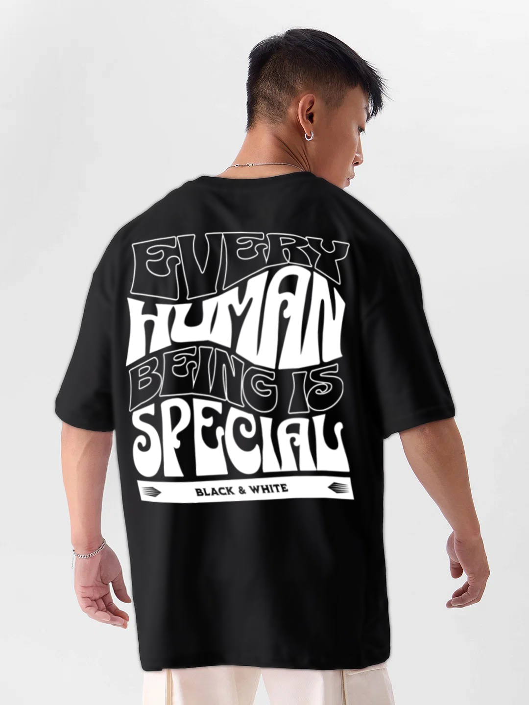 Oversized Drop Shoulder Black T-Shirt – Every Human Being is Special Cotton Terry Streetwear Tee for Men
