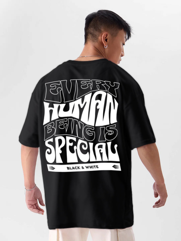 Oversized Drop Shoulder Black T-Shirt – Every Human Being is Special Cotton Terry Streetwear Tee for Men