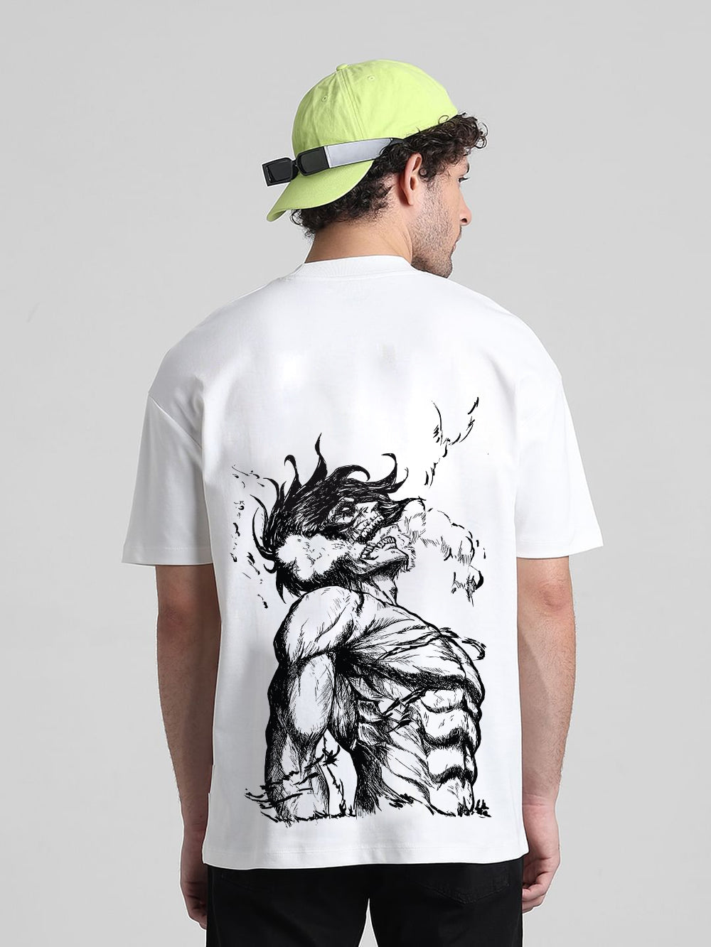 T-Hustler Eren Yeager Back Printed Oversized Cotton Terry T-Shirt – Half Sleeve Round Neck (Attack on Titan)