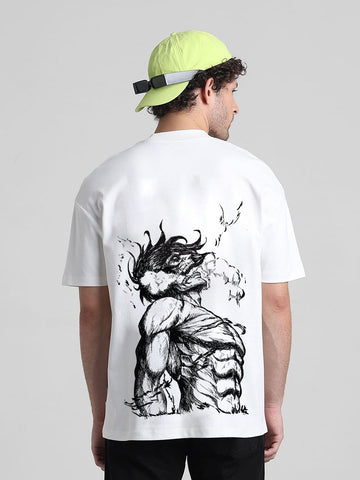 T-Hustler Eren Yeager Back Printed Oversized Cotton Terry T-Shirt – Half Sleeve Round Neck (Attack on Titan)