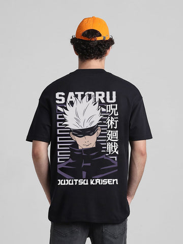 T-Hustler Satoru Gojo Back Printed Oversized Round Neck Half Sleeve Cotton Terry T-Shirt