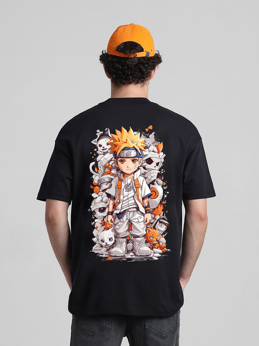 T-Hustler Naruto Back Printed Oversized Cotton Terry T-Shirt – Half Sleeve Round Neck (Anime Streetwear)