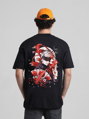 T-Hustler Gojo Red Moon Back Printed Oversized Cotton Terry T-Shirt – Half Sleeve Round Neck (Jujutsu Kaisen)