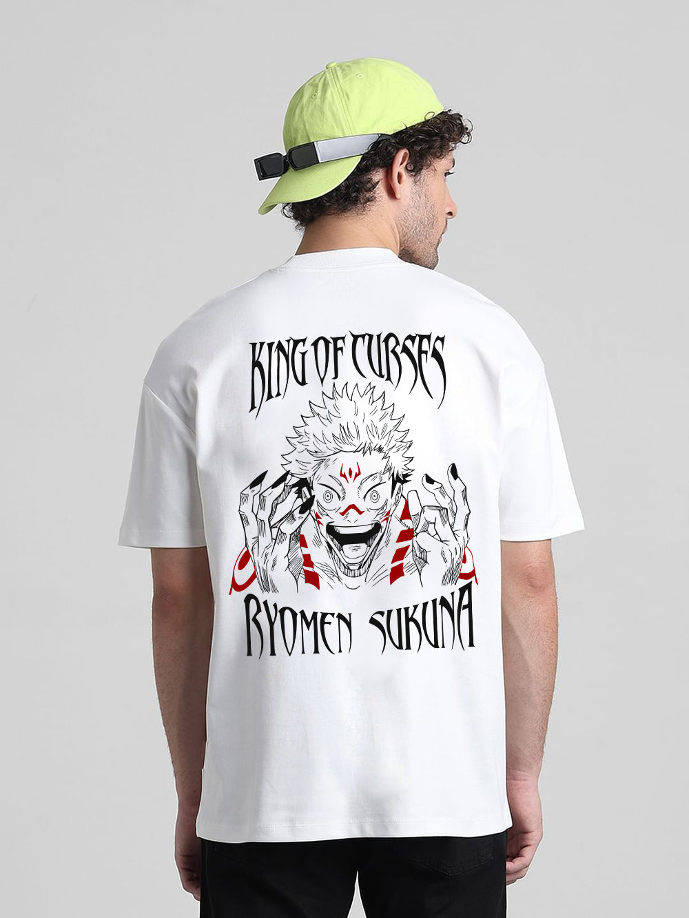 T-Hustler Ryomen Sukuna Back Printed Oversized Cotton Terry T-Shirt – Half Sleeve Round Neck (Jujutsu Kaisen)