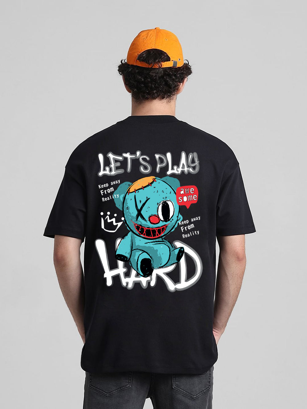 T-Hustler Let’s Play Hard Back Printed Oversized Cotton Terry T-Shirt – Half Sleeve Round Neck