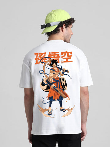 T-Hustler Goku Back Printed Oversized Cotton Terry T-Shirt – Half Sleeve Round Neck (Dragon Ball Inspired)