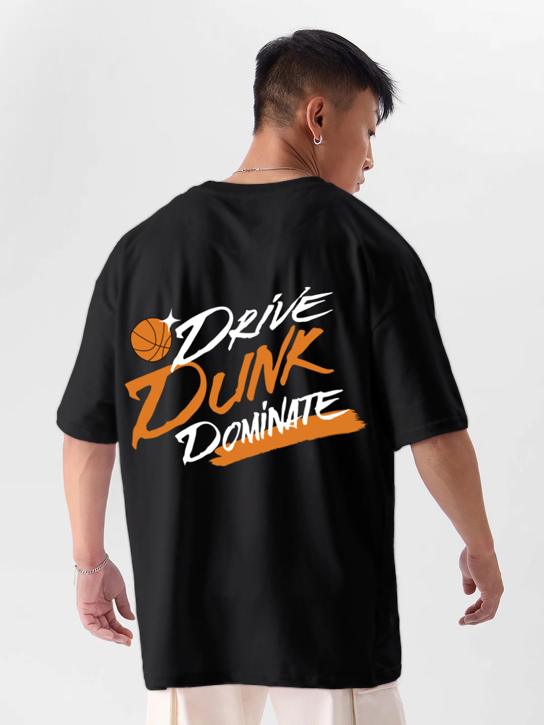 Oversized Drop Shoulder Black T-Shirt – Drive Dunk Dominate Cotton Terry Streetwear Tee for Men