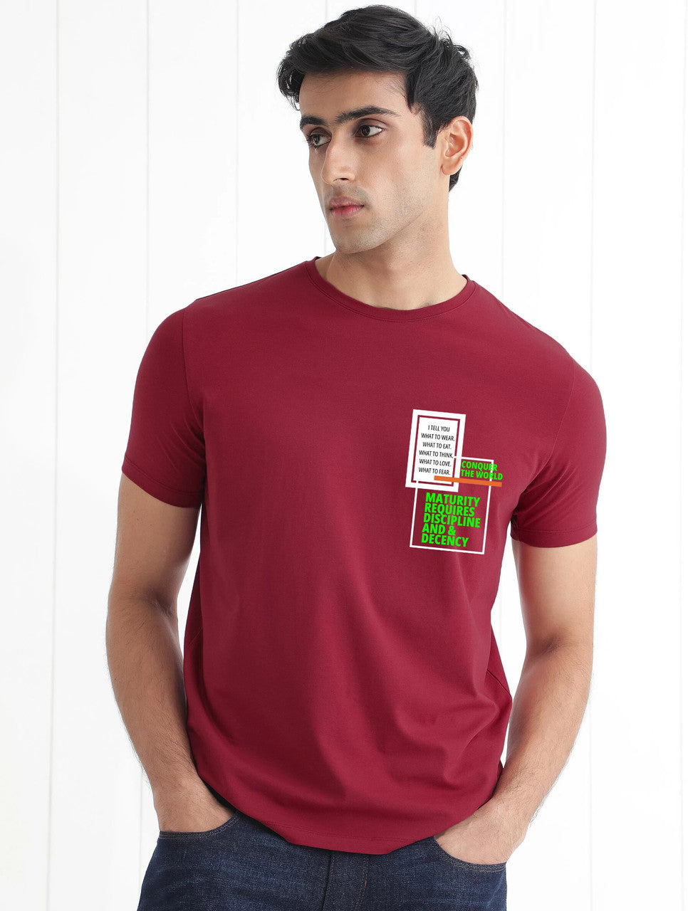 The Conquer Men Graphic Print Round Neck Premium Cotton Maroon T-Shirt